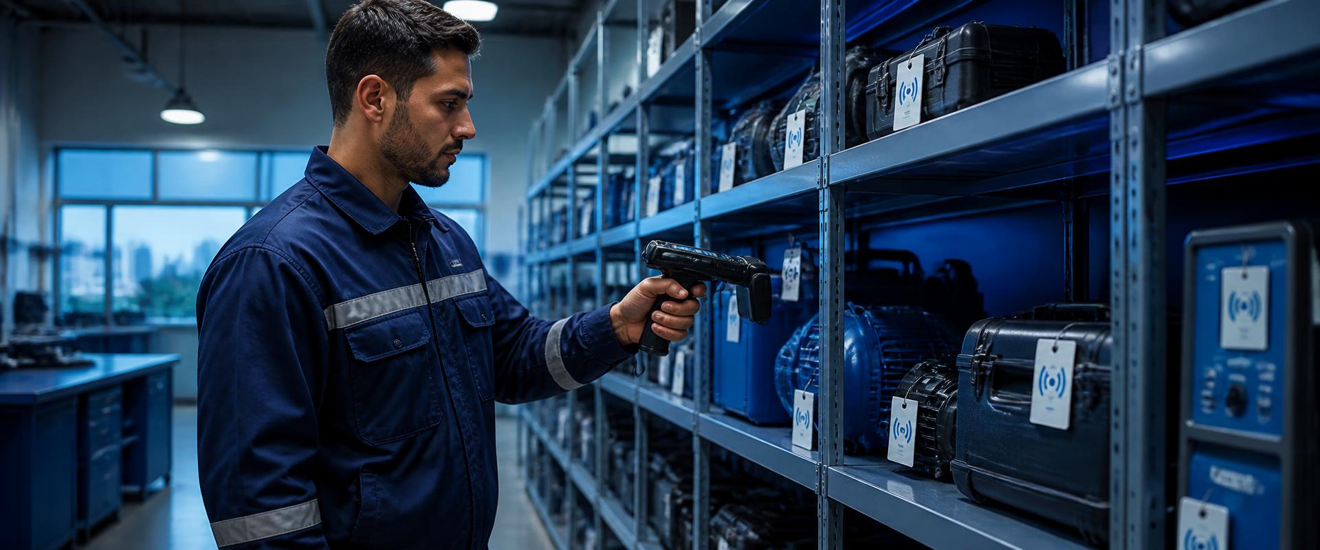 Técnico da INVENT realizando inventário de ativos com leitor RFID em armazém organizado