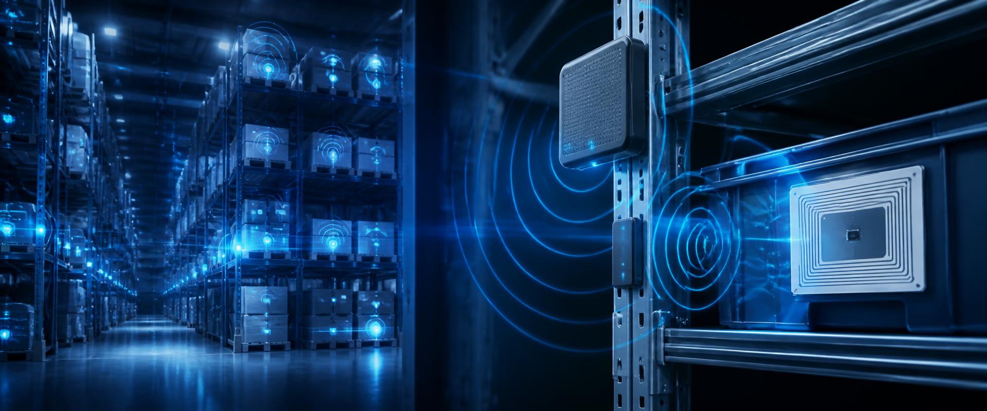 Infraestrutura RFID com antenas, tags e ondas de sinal em armazém corporativo