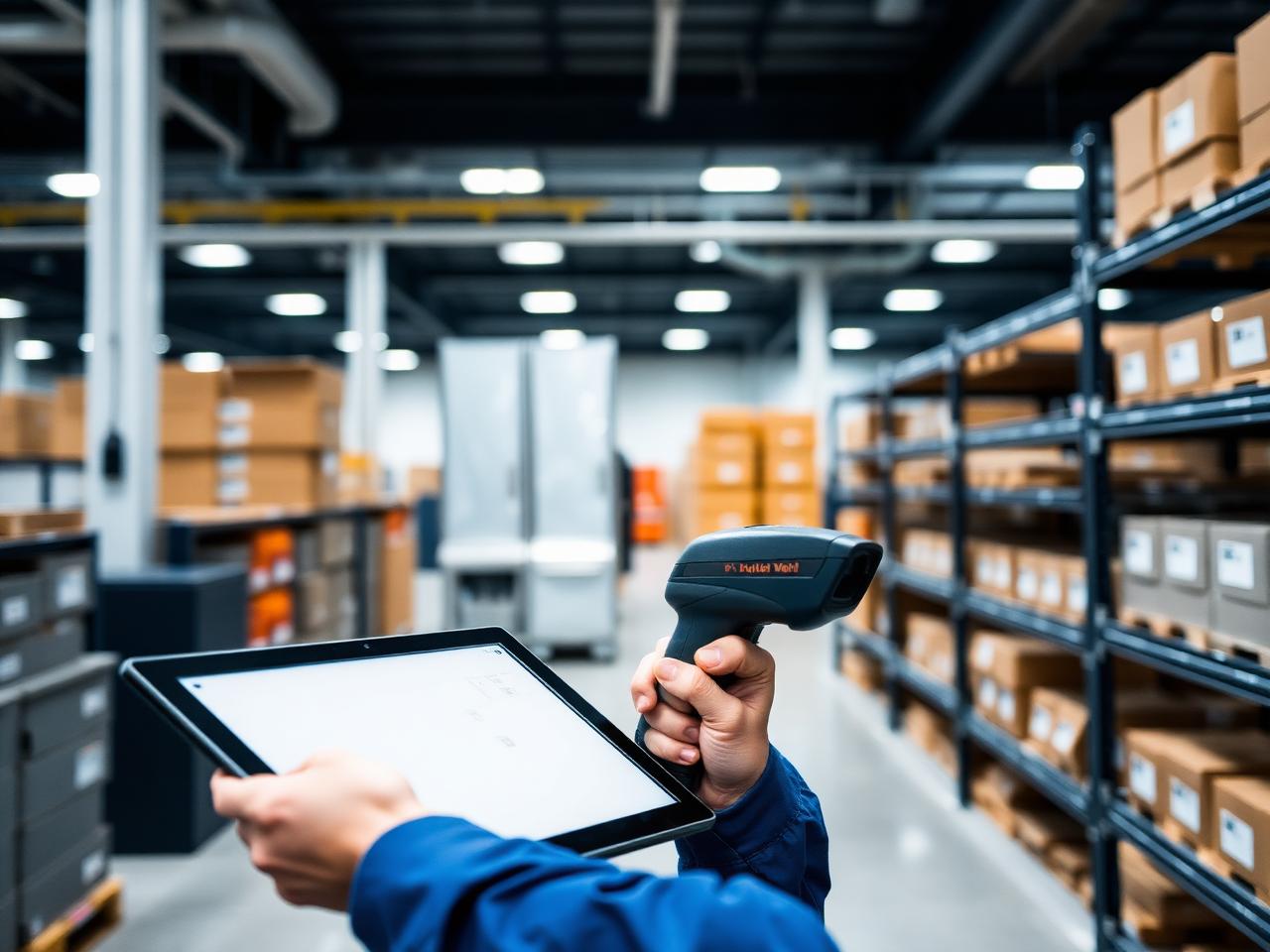 Técnico realizando inventário de ativo fixo com coletor de dados em ambiente corporativo