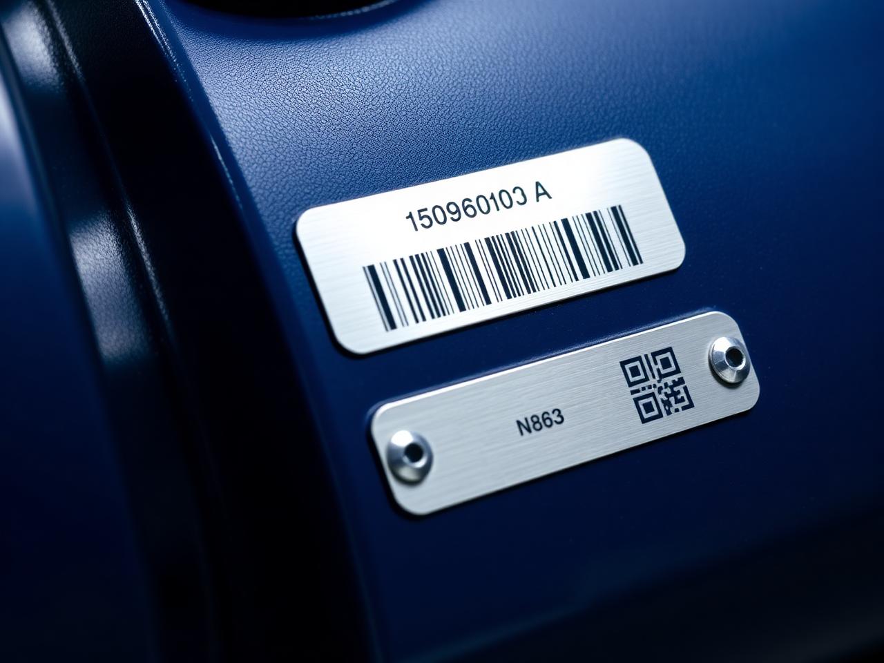 Plaquetas patrimoniais metálicas com código de barras e QR Code aplicadas em equipamento