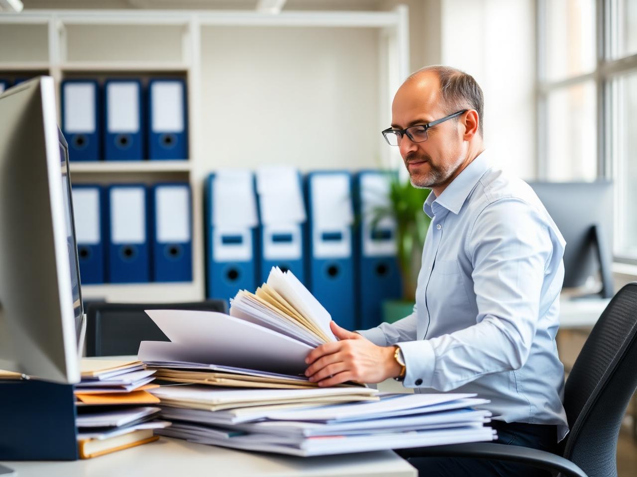 Consultor revisando documentos e cadastros patrimoniais em escritório