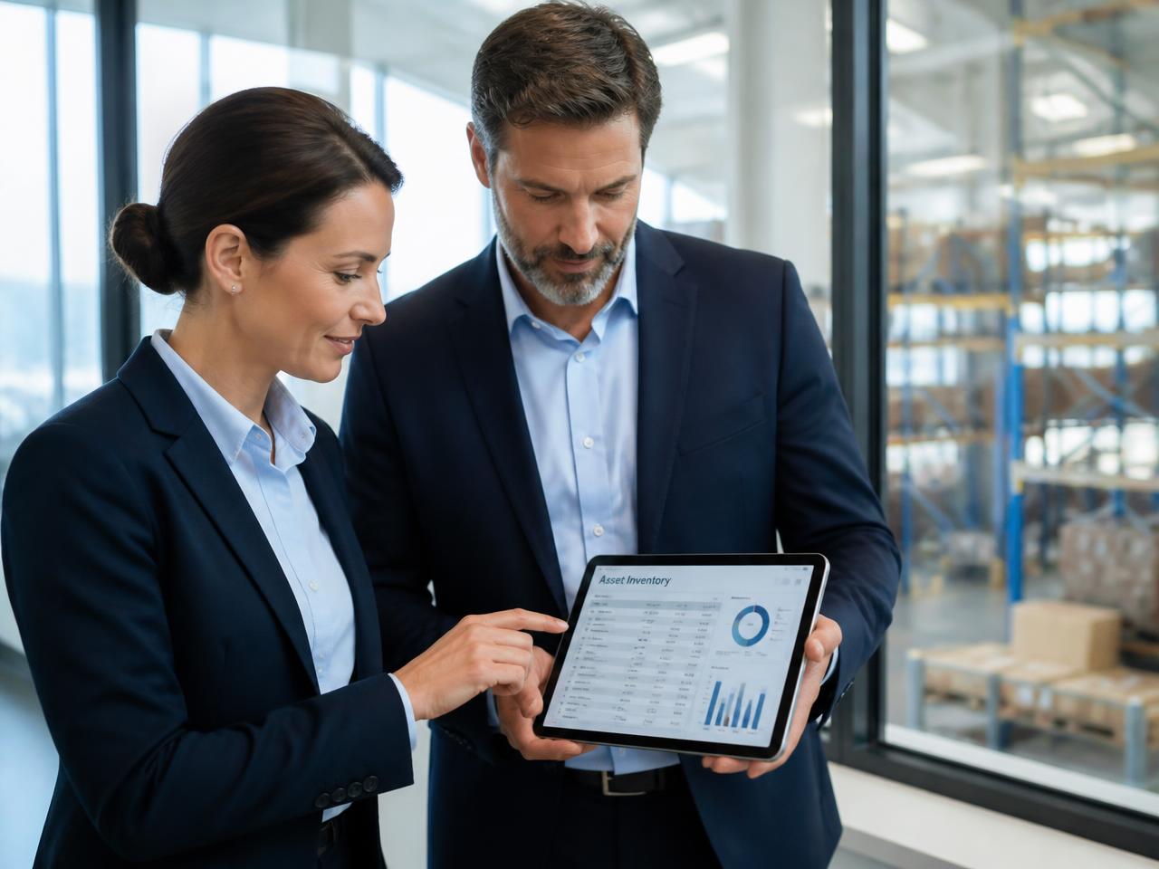 Consultores da INVENT analisando dados de inventário de ativos em tablet